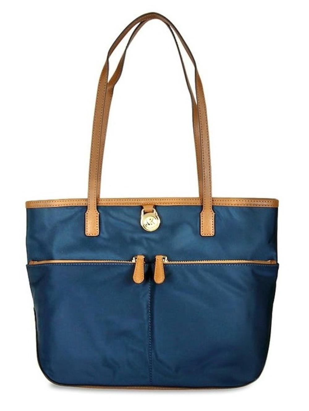 Michael Kors Navy Tote with Tan Leather Trim and Logo Charm